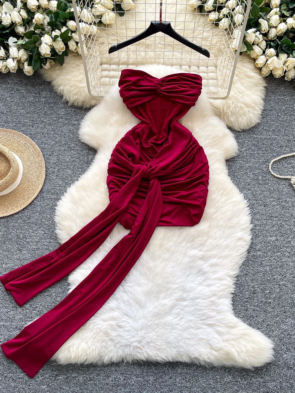 

Sexy Spicy Girl Knot Waist Svel Bandeau Dr Women's Wrap Design Pleated Slim Fit ort Skirt High Waist Polyester Fiber