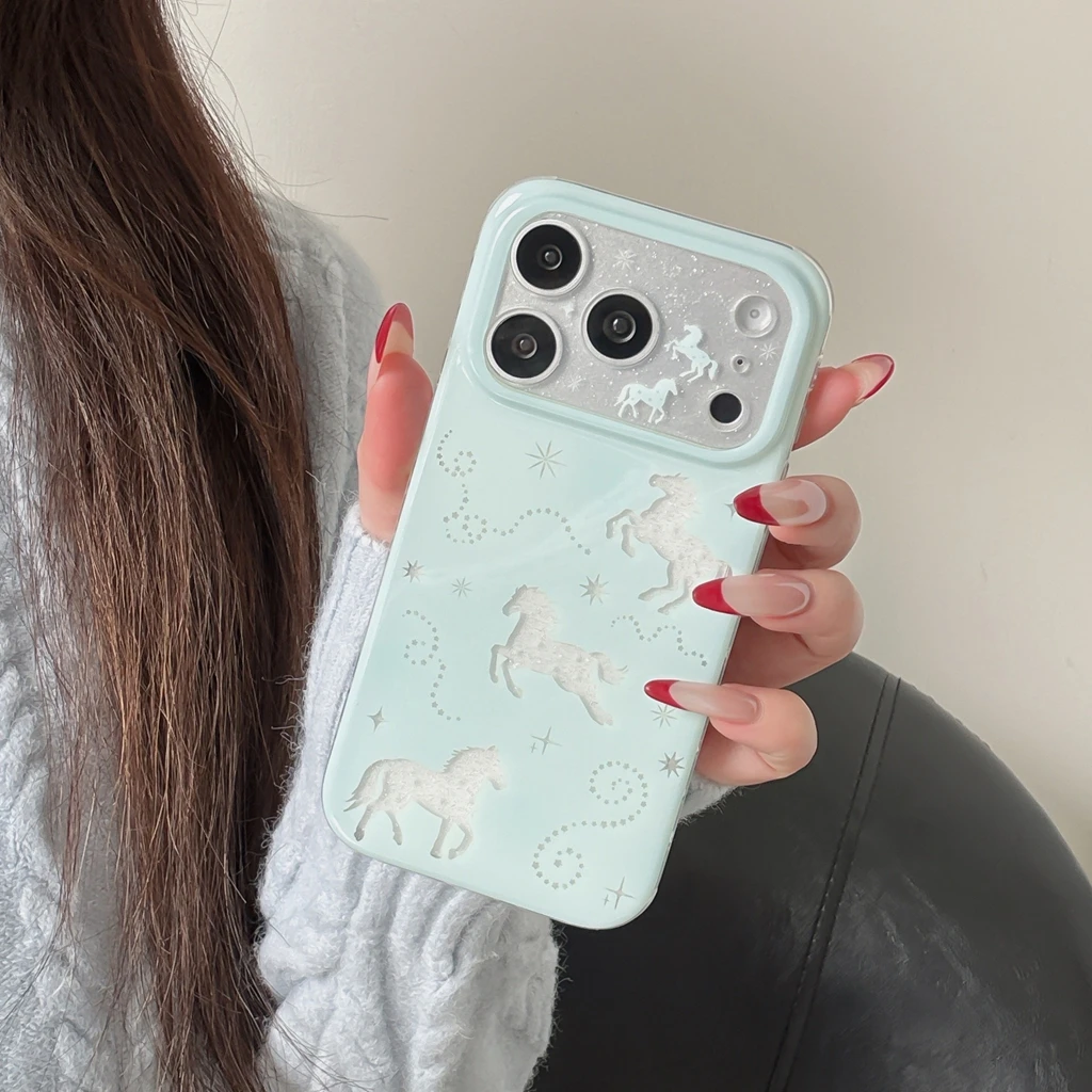 Frische, hellgrüne, ausgehöhlte Glitzer-Pony-Silhouette, silberner Stern, schützende Handyhülle für iPhone 18 17 16 15 14 Pro Max – Detail 6