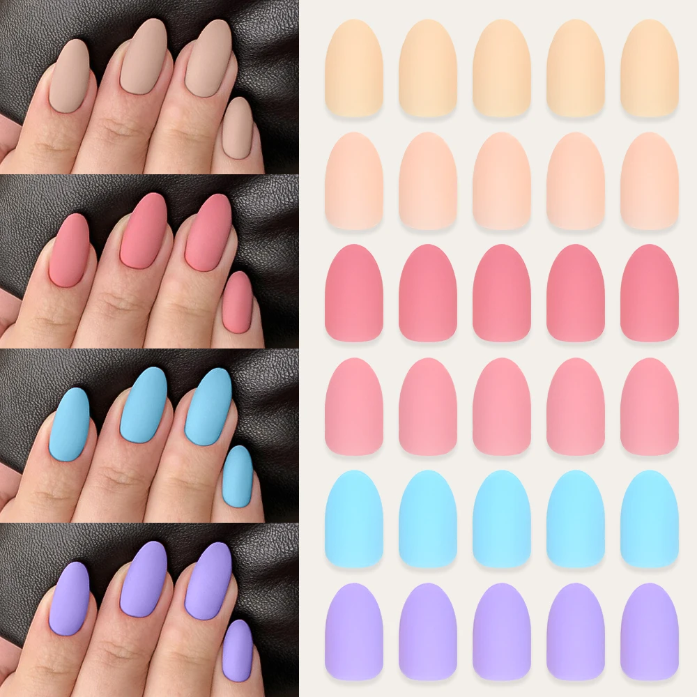 288 stks/doos Dopamine Romige Kleuren Druk op Nagels Halflange Amandel Leuke Nep Nagels Glanzend en Matte Effen Kleur Valse Tips set #