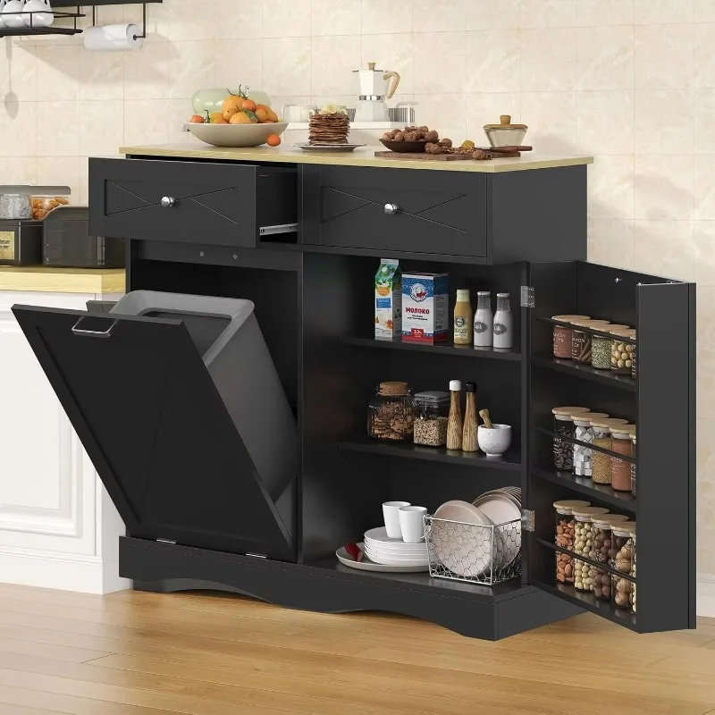 Double-Layer Metal Dish Cabinet with Hidden Trash Bin Moisture-Proof Kitchen Bathroom Storage Modern