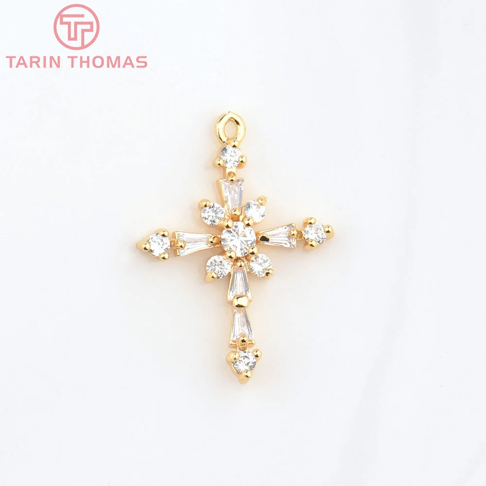 (4773) 4PCS 17x23MM Hole 1MM 24K Gold Color Brass with Zircon Cross Pendants High Quality DIY Jewelry Making Findings Wholesale