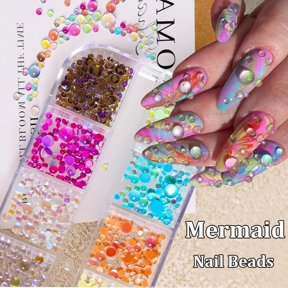 1 กล่อง Macaron Bubble 3D แก้วคริสตัลเล็บ Charms ขนาดผสม Sparkly Mermaid เล็บลูกปัดที่มีสีสัน Flatback เล็บเครื่องประดับ