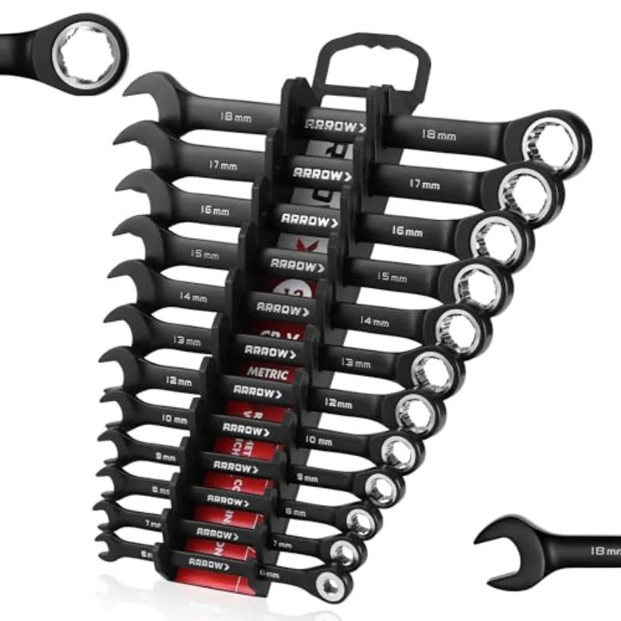 

ARROW 12PCS Metric Ratcheting Wrench Set, Anti-Slip 6-18mm Combination Ratchet Wrench Set with Black Magnetic Tool Holder, Prem
