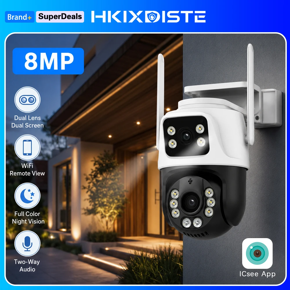 8MP Dual Lens CCTV Camera Outdoor WiFi PTZ Auto Tracking Human Detection Motion Alert IP66 Waterproof Full Color Night Vision