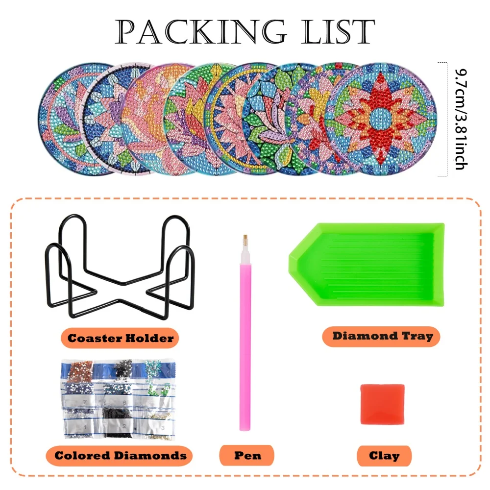 8 pieces/set of diamond painted coaster set acrylic coaster (with bracket) - DIY diamond art craft kit for home decoration