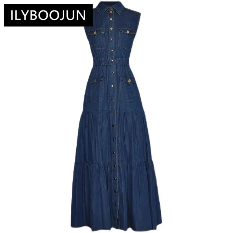 

Fashion Spring dress Women Polo Neck Sleeveless Single Breasted Grace Casual Lake Blue Ankle-Length Denim Dress