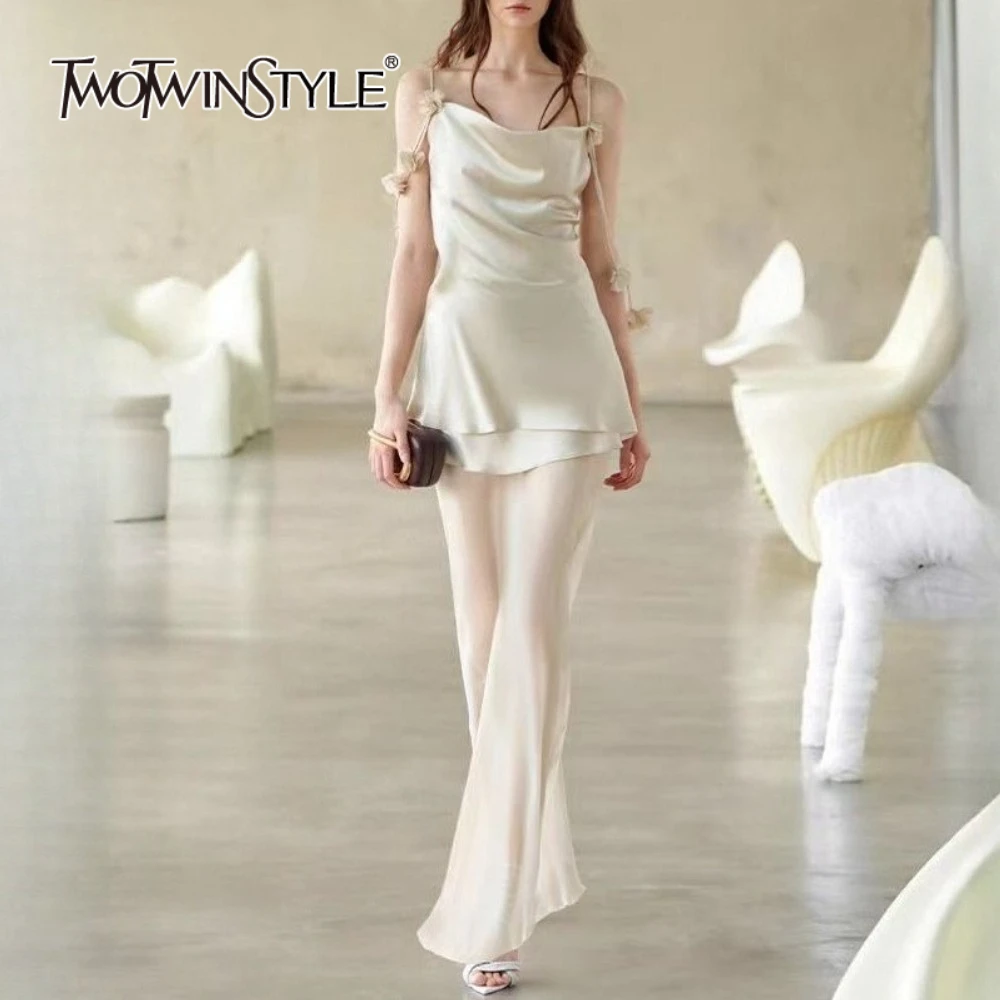 TWOTWINSTYLE Slimming Sheer Spliced 3D Flower Sexy Dresses for Women Square Neck Sleeveless Backless Vintage Dress Female New