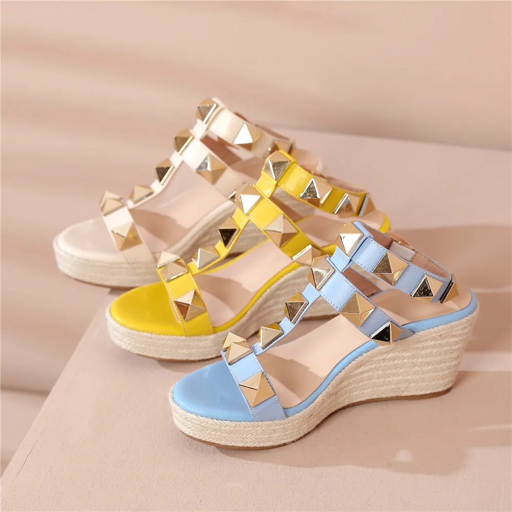 MILI-MIYA Classic Fashion Women Sheep Skin Rivet Wedges Sandals Round Toe Ankle Wrap Buckle Strap Solid Color Summer Shoes