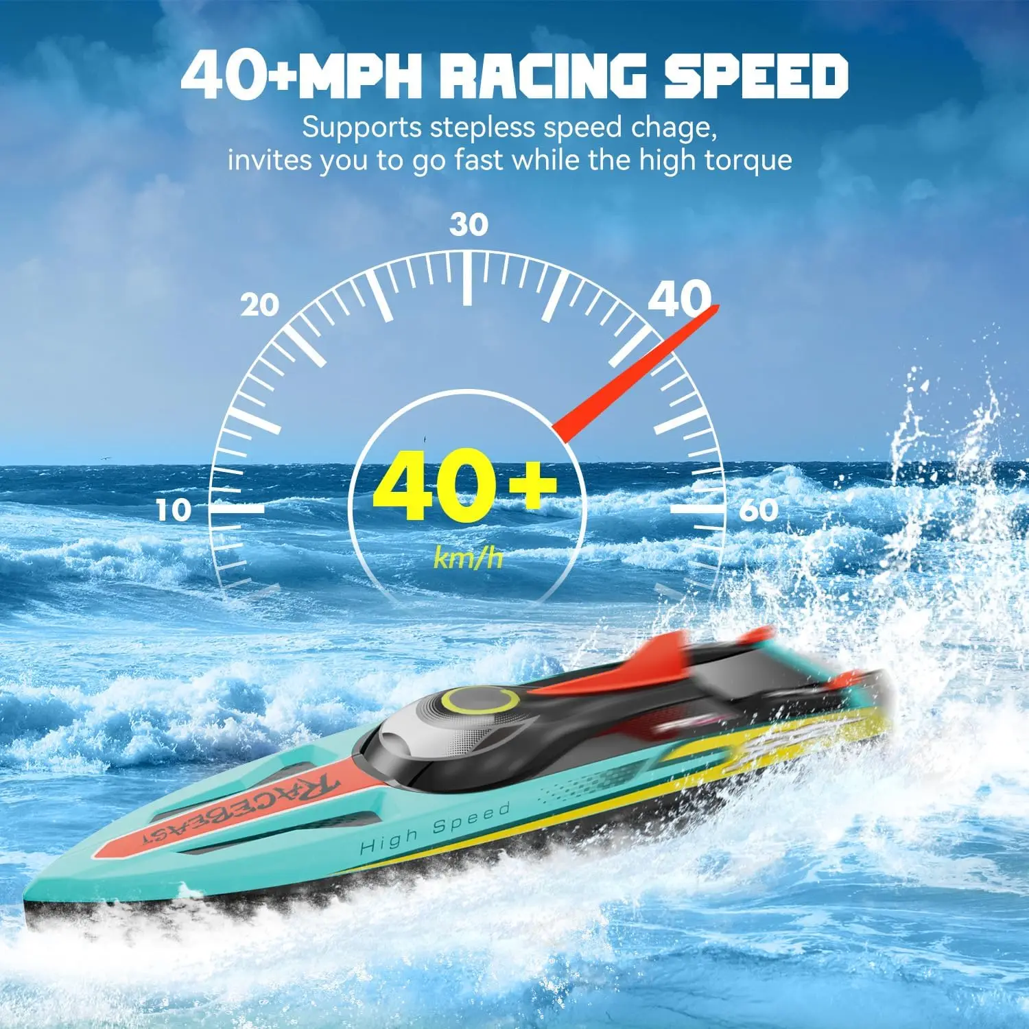 High-Speed 19-Inch Brushless Remote Control Boat, 40+ MPH Racing Boat for Adults and Kids, Self-Righting, LED Lights, Fishing Capability, for Salt Water Lakes and Rivers, with Carry Bag