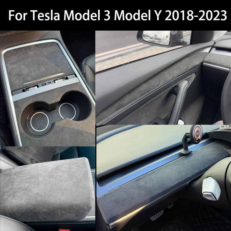 For Tesla Model 3 Model Y 2018-2023 Super Suede Window Glass Lift Frame Car Armrest Box Lid Water Cup Panel Interior Accessories