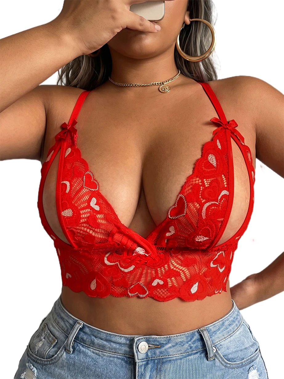 Plus Size Sexy Lace Open Bra Heart Print Suit Set Beautiful Back Hollow Out No Steel Ring Underwear Transparent Pullover Outfit