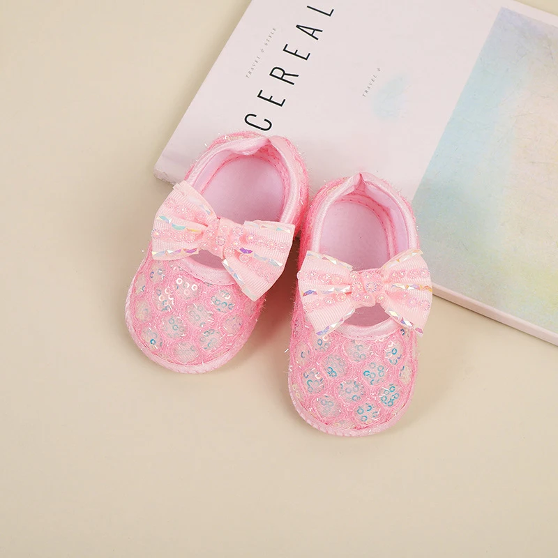 Baby Girl Sequins Bow Flats Shoes Infant Knit Cloth Walker Crib Shoes for Party Festival Baby Shower