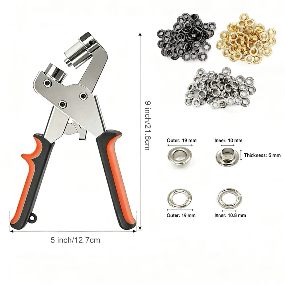 Heavy-Duty Eyelet Punch Set, Includes 300 Sets 3/8 Inch (10mm) Metal Eyelets, With Eyelet Pliers, Golden & Silvery & Black