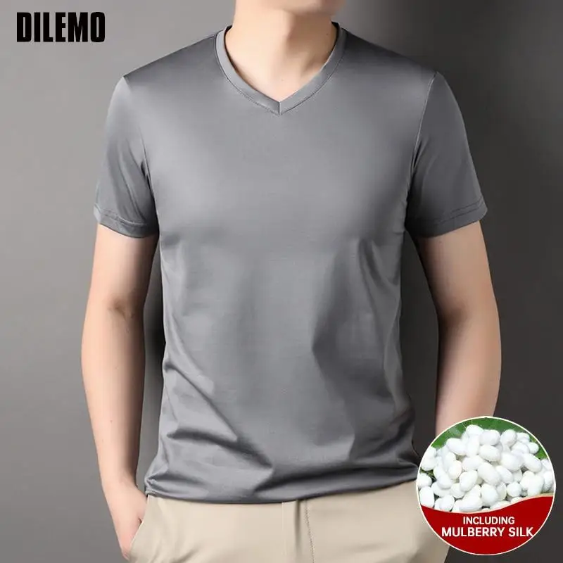 Top Grade 1.7% Mulberry Silk New Brand Tops V Neck t Shirts For Men Summer 2023 Short Sleeve Casual Fashion Mens Clothing