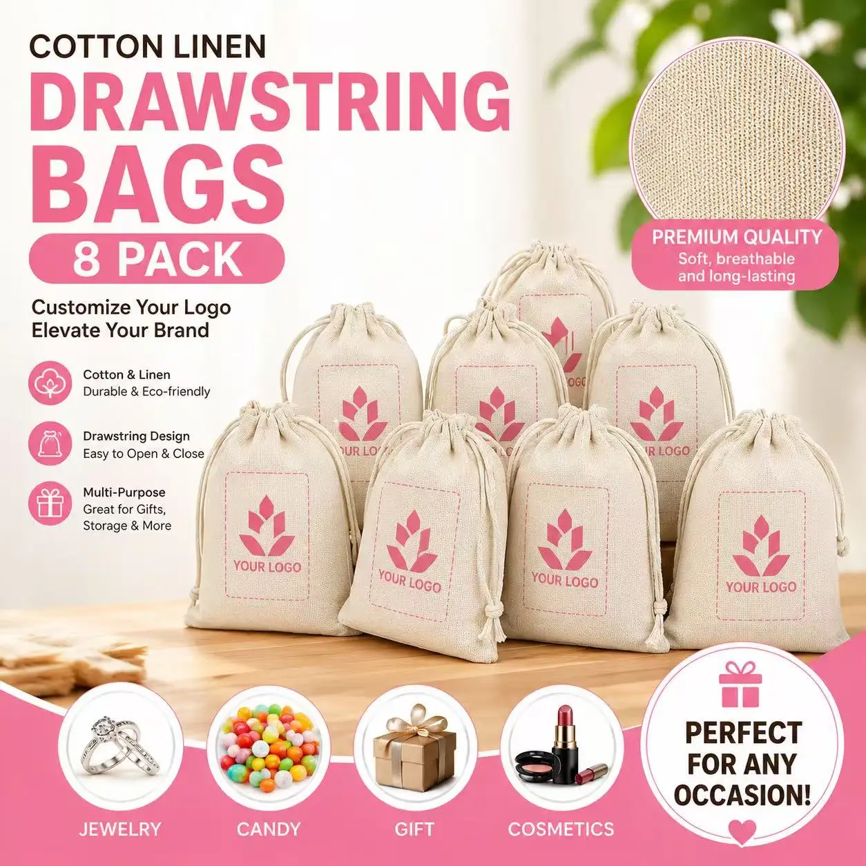 8pc Custom Logo Cotton Linen Drawstring Bag Small Jewelry Pouch Personalized Wedding Favor Gift Packaging Bags Candy Sack