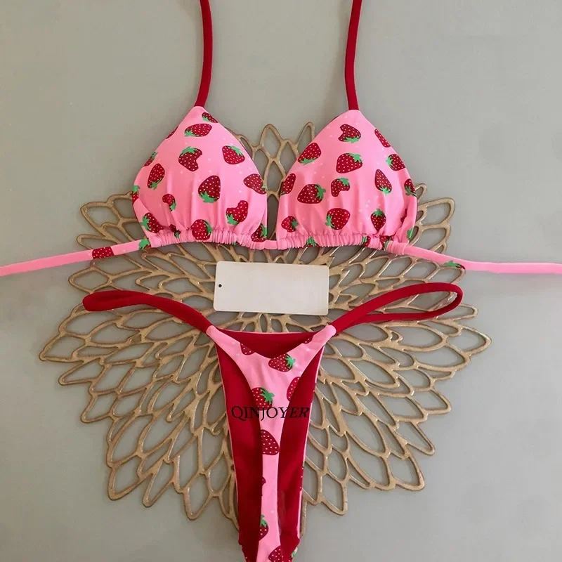 QINJOYER Cute Heart Print Bikini Women Brazilian Swimwear 2 Pieces Swimsuit Sexy Thong Bikini Bathing Suits Summer Beach Wear