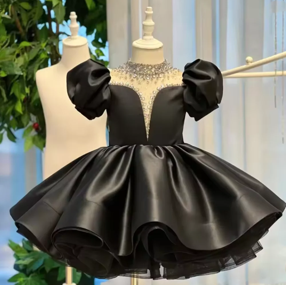 

Customized Black Flower Girl Dress For Wedding Beaded Puffy Knee Length Baby Kids Birthday Pageant First Communion Gown