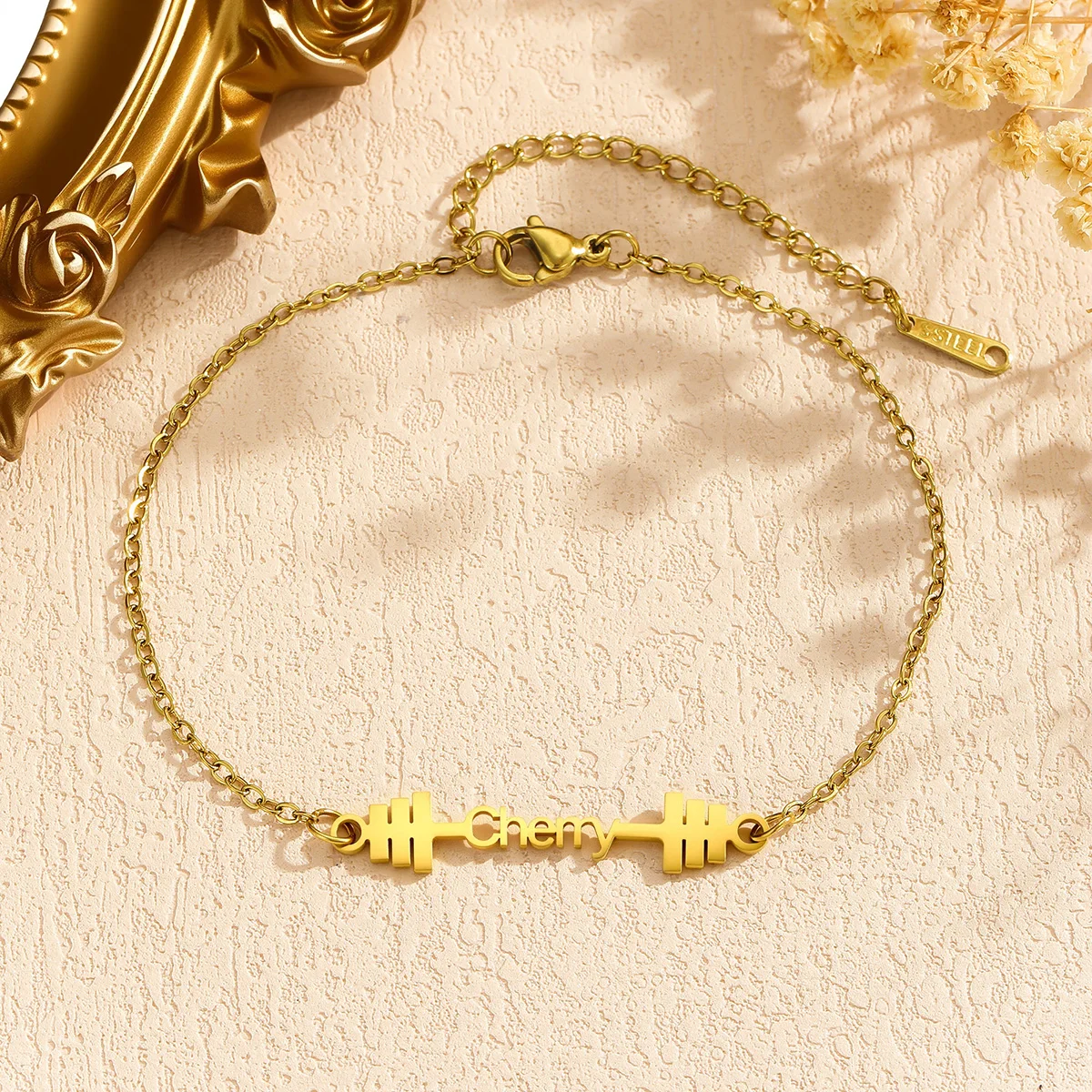 Custom Dumbbell Name Bracelet Exercise Sport Stainless Steel Pendant Bracelet For Women Men Bangle Customized Jewelry Gifts