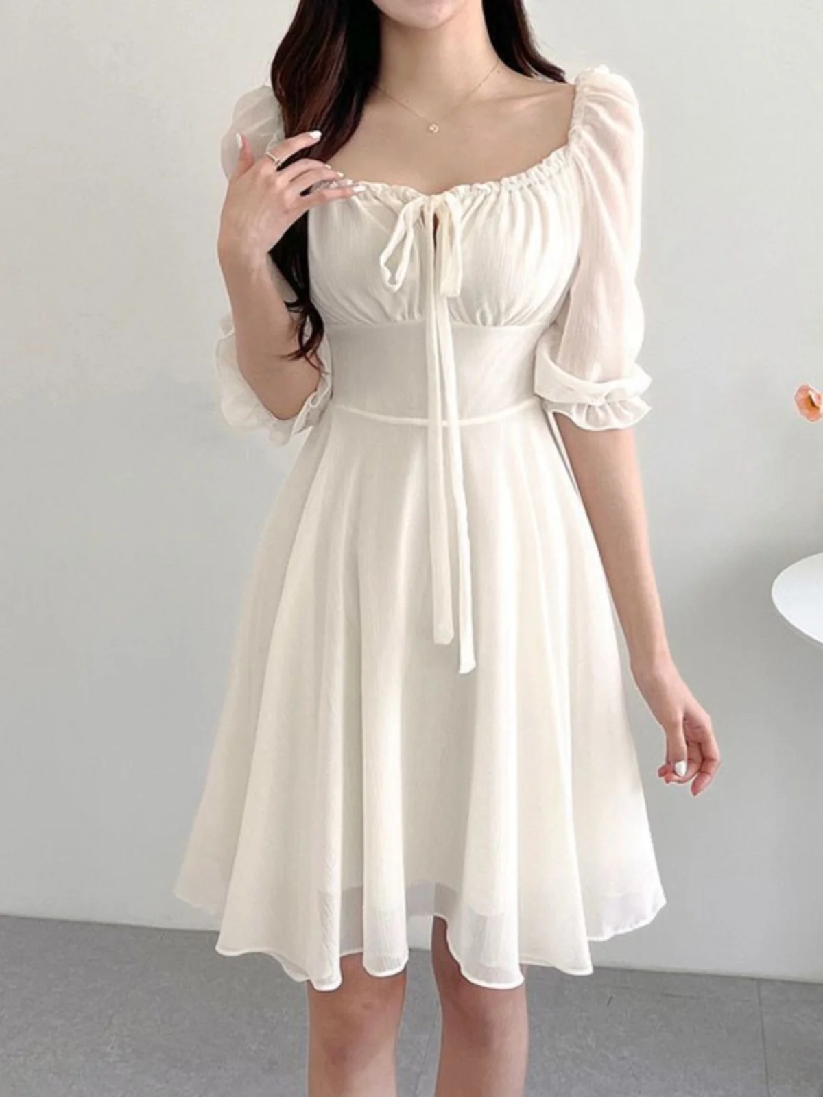 Chic White Summer New Sle Women's Dr Square Collarbone Exposure Bubble Sve Waist Cinching Midi Dr Korean Sle