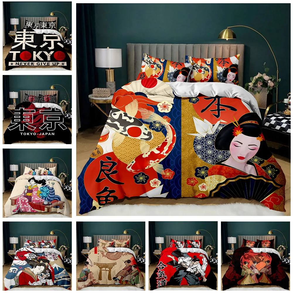 Japanese Style Bedding Set Traditional Kimono Motifs Comforter Cover Queen Size,Tokyo Duvet Cover Geisha Japan Asian Quilt Cover