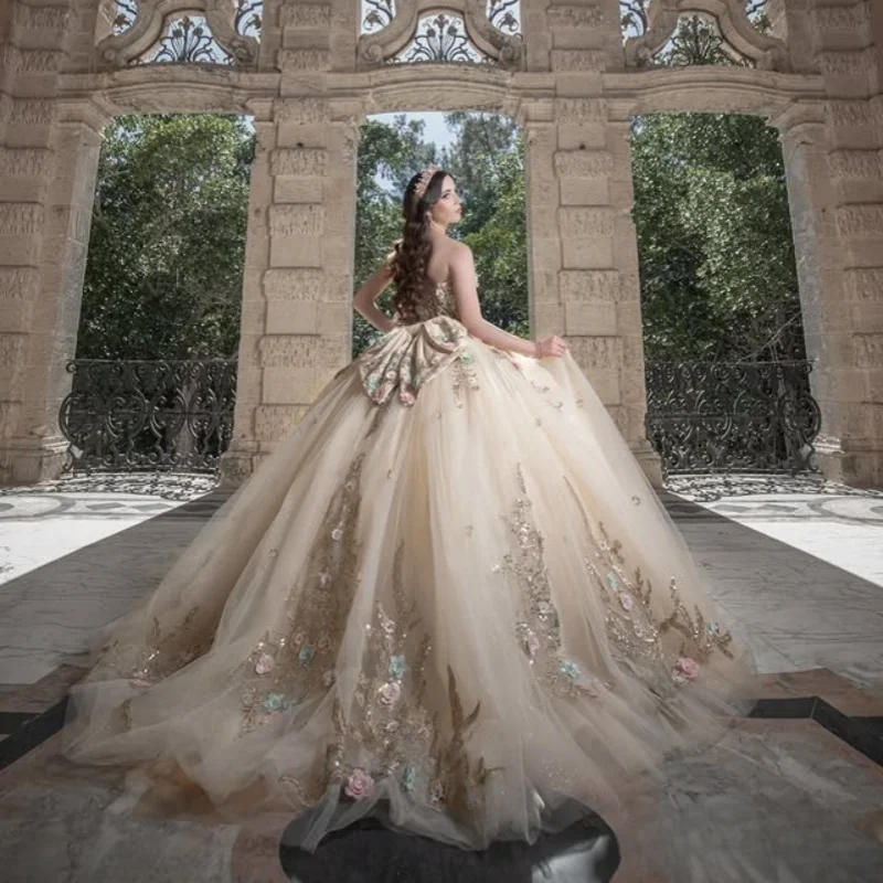 Customized Shiny champagne color Quinceanera Dresses Off the Shoulder Tull sequin applique 3D flower Vestido De 15 Quinceanera