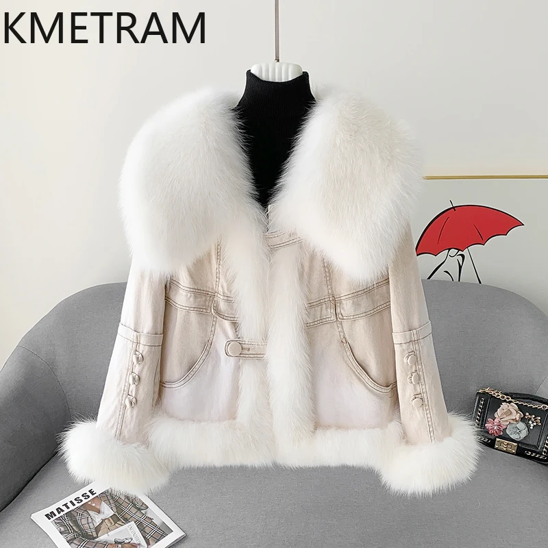 KMETRAM 100% طوق فرو الثعلب الطبيعي سعر مخفض الضوء الأرجواني الفراء الجلود الشتاء معطف الموضة 2025 manteaux hiver فام