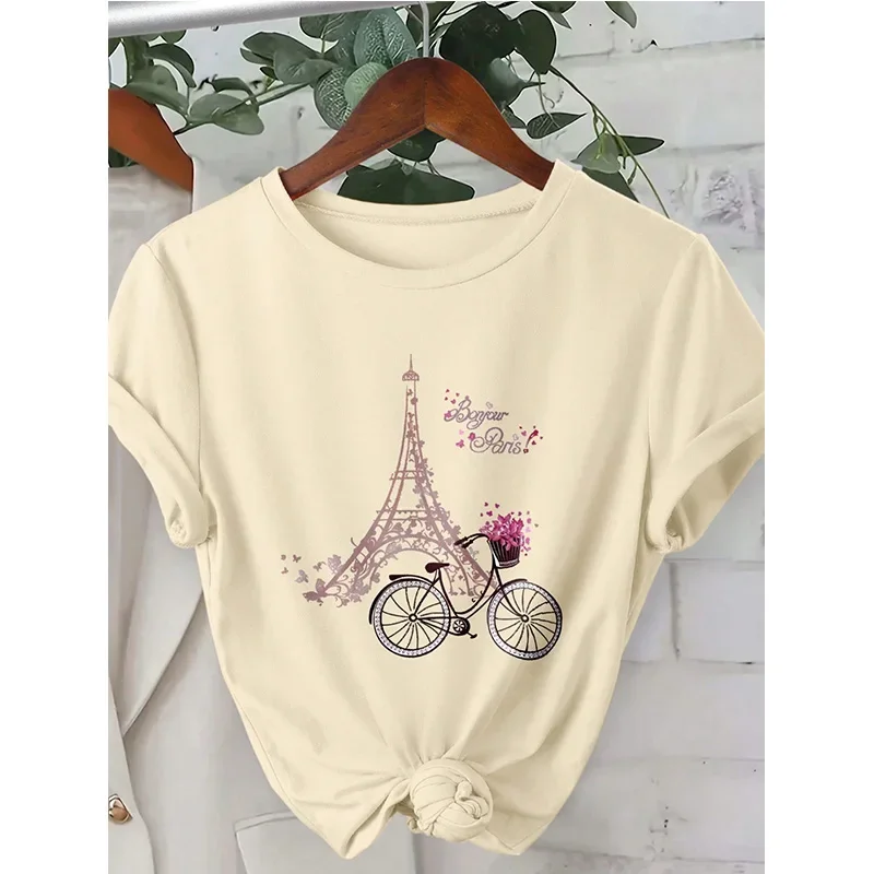 Ladies' Floral Eiffel Tower and Bicycle Printed T-Shirt Casual Short Sleeve Round Neck T Shirt Graphic Tees Women White Tops