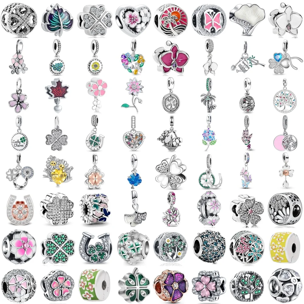 Newest 925 Silver Plated Four-Leaf Clover Sunflower Flowers Charm beads fit Original Pandora Bracelet Trinket DIY Women Jewelry