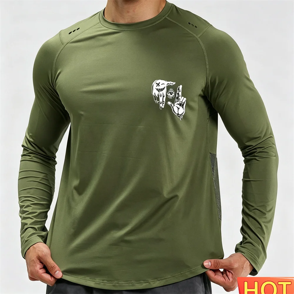 Autumn Men's Fitness Long sleeved T-shirt Anime Gesture Pattern T-shirt Cotton Elastic Loose fitness T-shirt Gym men's clothing view 6