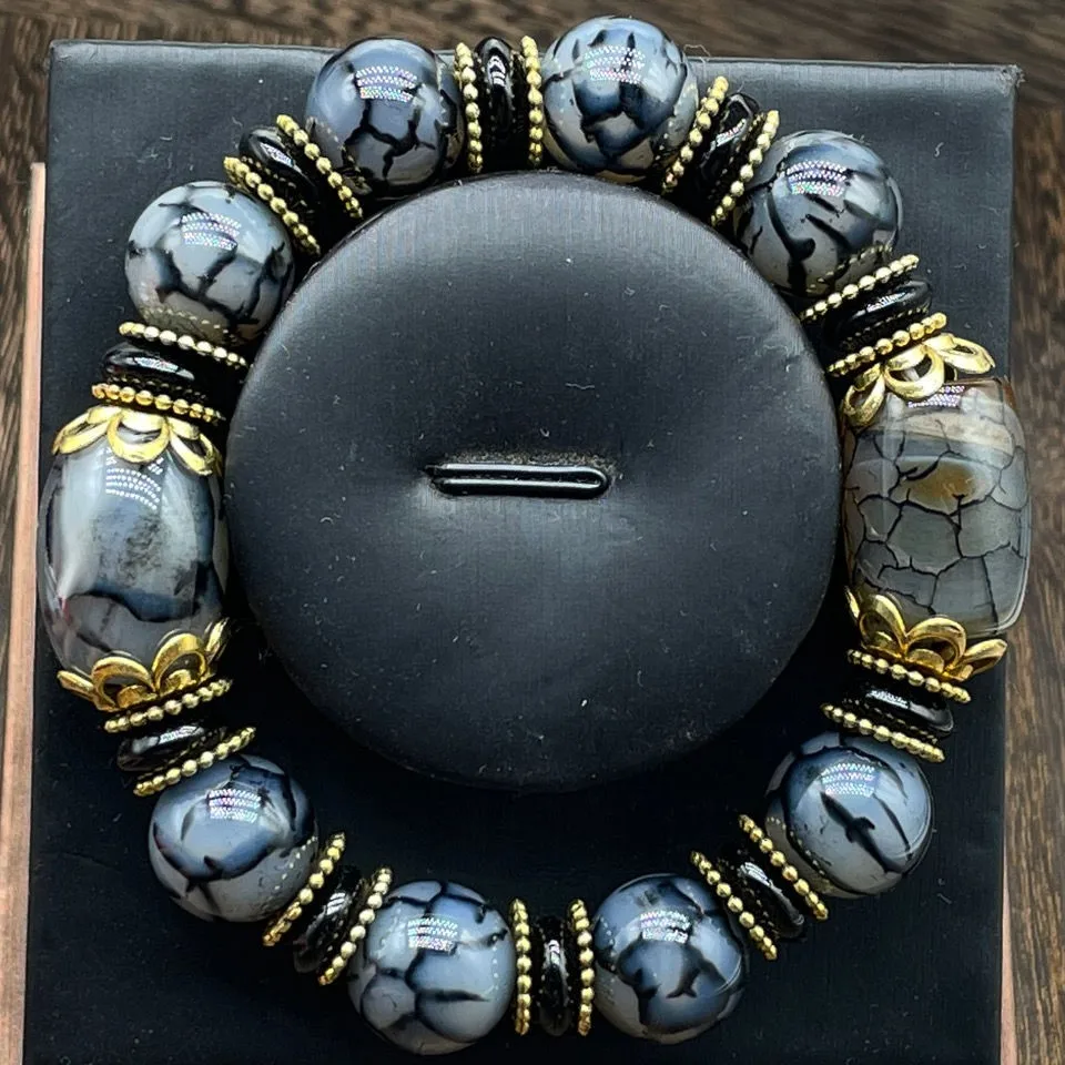 Natural Tibetan Agate Three Nine Eye Dzi Bead Bracelet Vintage Jewelry