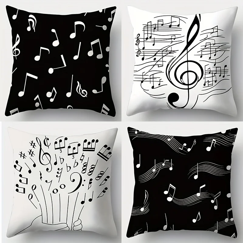 Music Note Throw Pillow Covers, Black White Musical Symbol Cushion Cases, 18x18 Decorative Pillowcases Living Room Bedroom Sofa