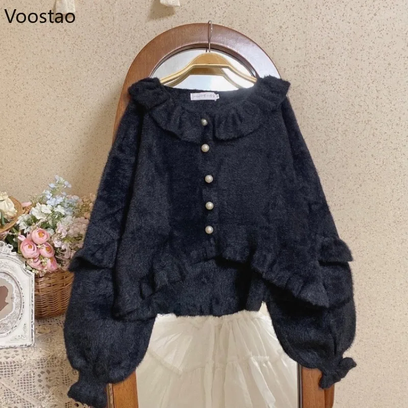 Sweet Lolita Style Knitted Cardigan Women Kawaii Ruffles Puff Sleeve Short Sweater Jacket Korean Girls Casual Y2k Knitwear Coat