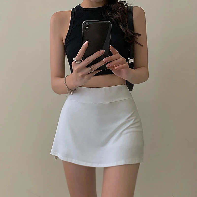 Women's Tennis Mini Skirt Solid Color High Waisted Casual Wrap Skirt Mini Skirt with Lined Shorts for Active Commuting