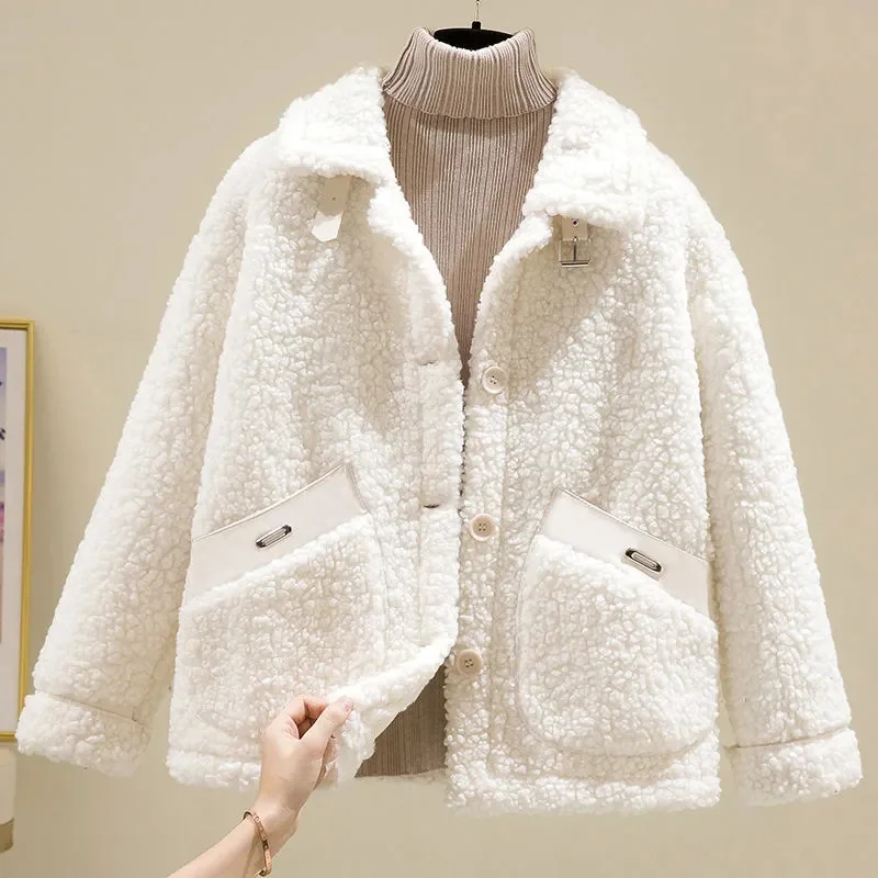 2023 Autumn Winter Faux Lambswool Jacket Women Polar Fleece Coats Single-breasted Casual Tops Female Double-faced Furs Overcoat