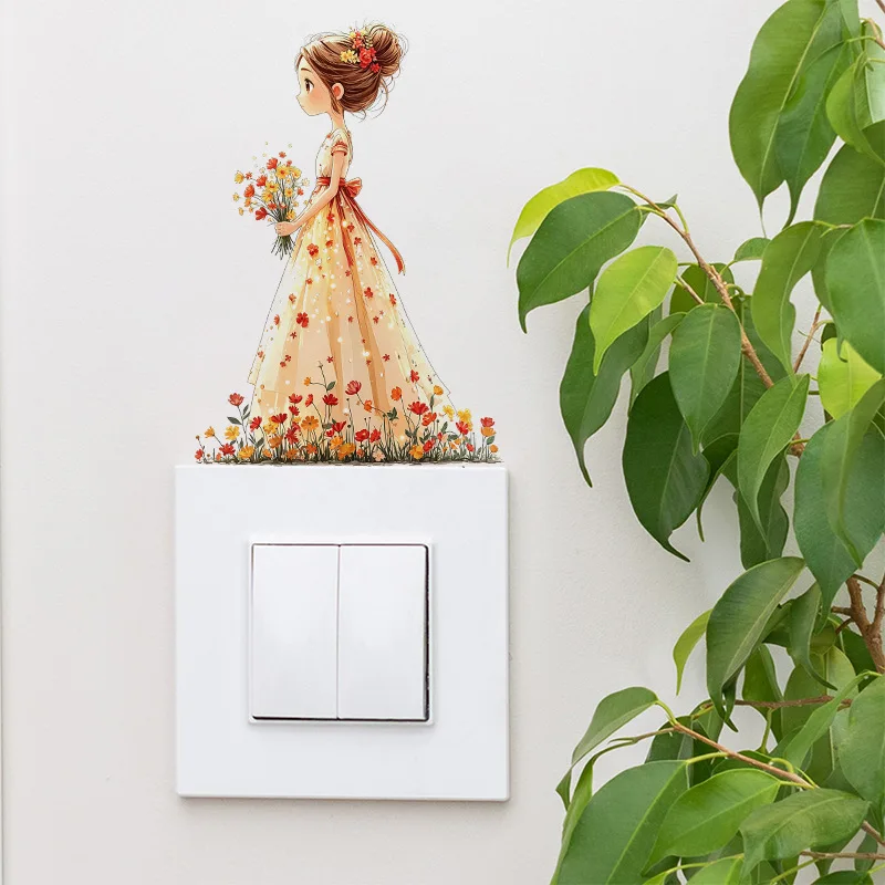 Healing Bouquet Girl Switch Wall Sticker, Cartoon Socket Decor Decal, Home Light Switch Cover Sticker for Wall Decoration