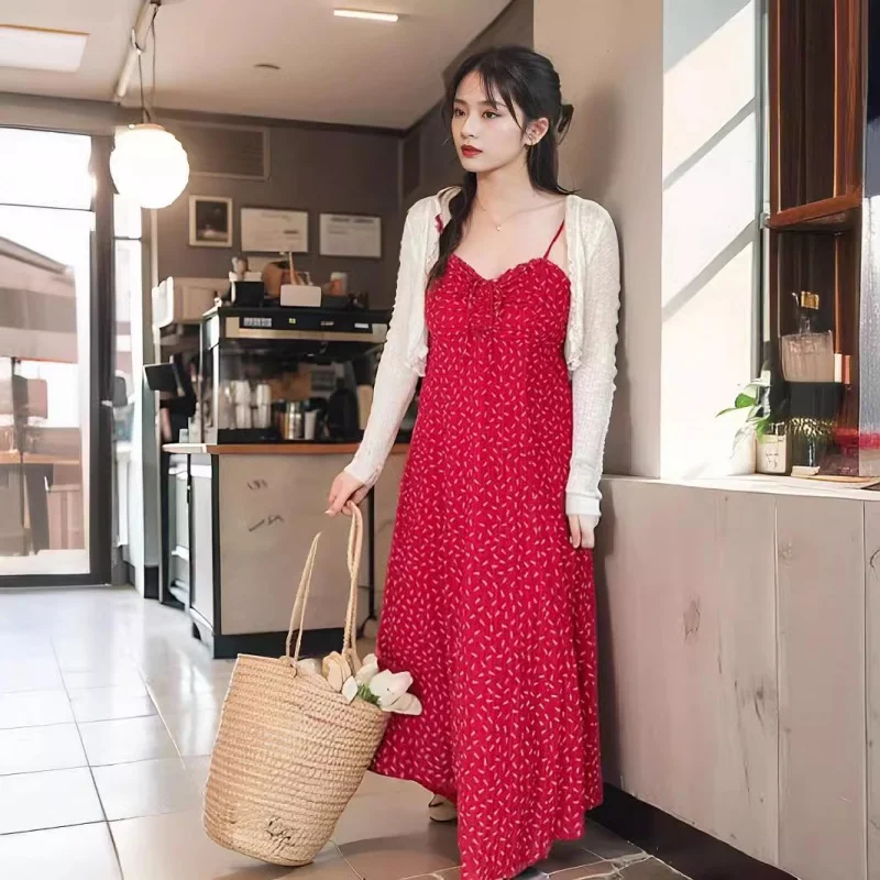 Plus size, mm, summer temperament, sweet drawstring tie up floral suspender dress, slimming long skirt 3406