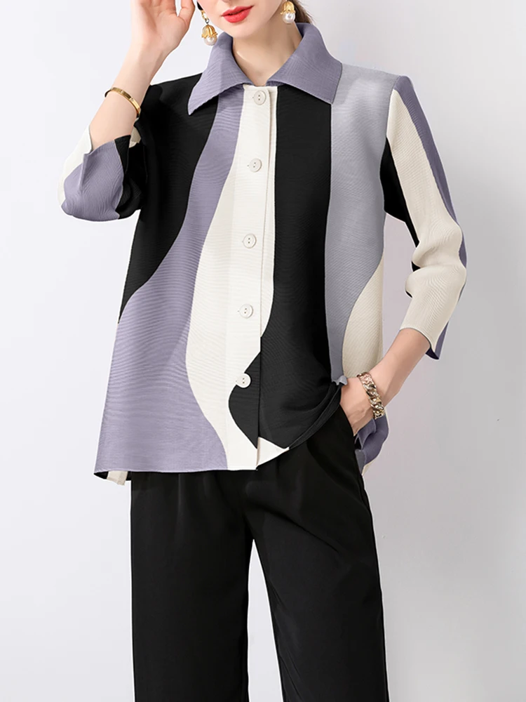 GVUW Pleated Color Block Shirts Women Lapel Full Sleeve Single Breasted Versatile New 2024 Female Loose Casual Tops 17G8578