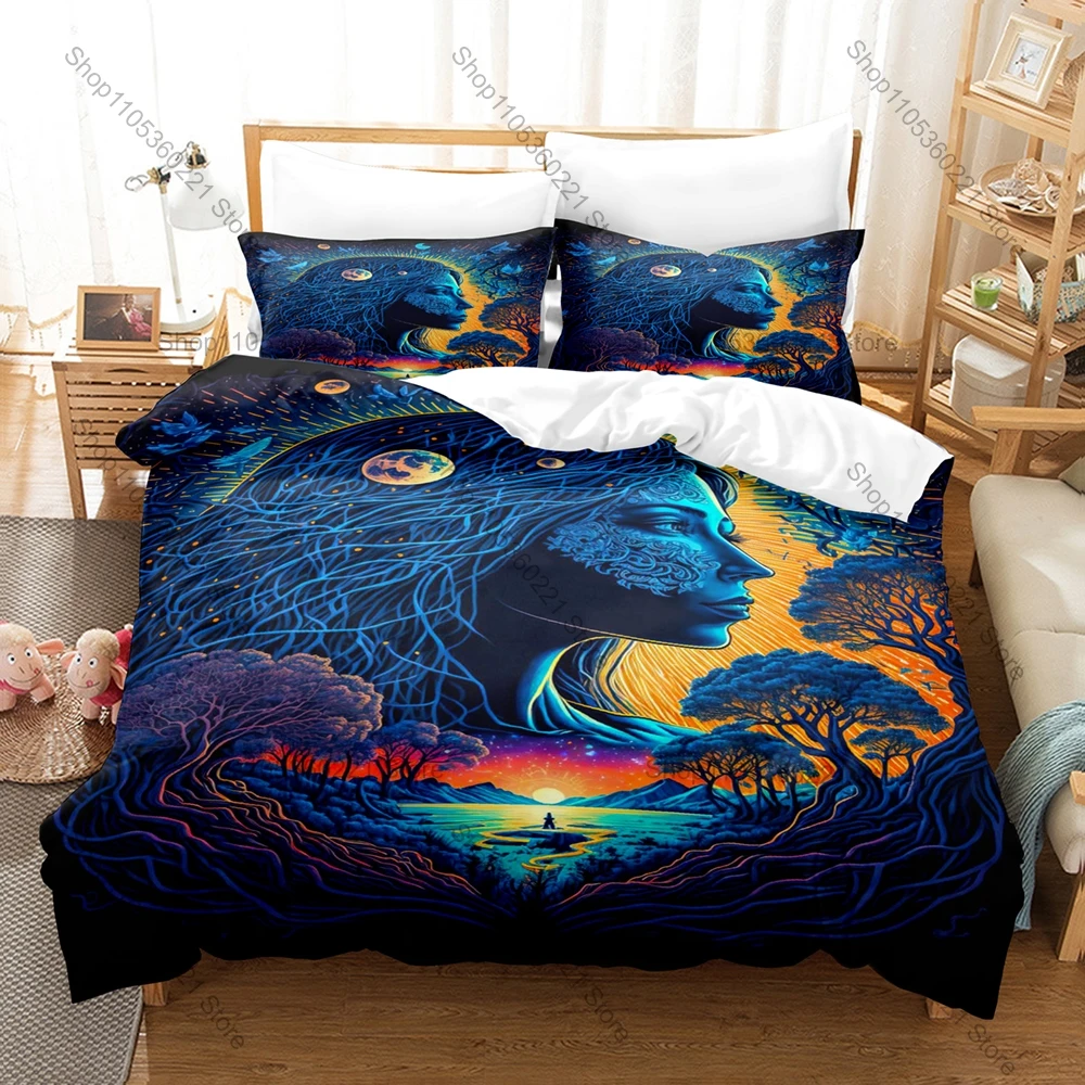 Hippie Boho Planet Nature Glow Under Blacklight Poster Duvet Cover Set 1 Quilt Cover 2 Pillowcases For Festival Lovers