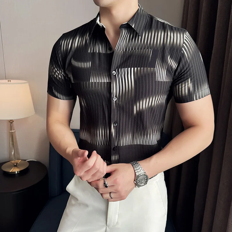 

Spring Summer Men's Shirts Short Sleeve Slim Fit Casual Shirts Fashion Printed Business Social Party Tuxedo Blouse Men Clothing