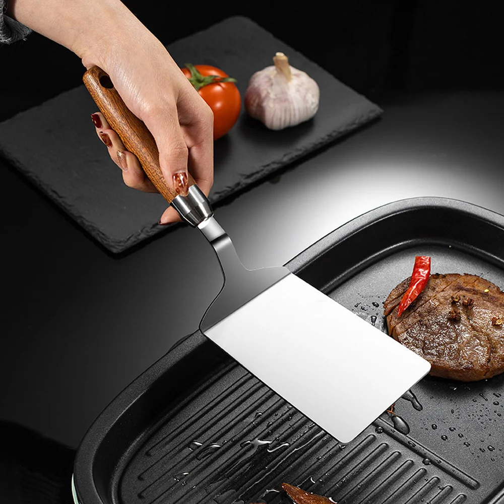 

Food Grade Shovel 403 Stainless Steel BBQ Plate Grill Scraper Pancake Spatula 8.5cm Large Shovel Surface with Wood Handle