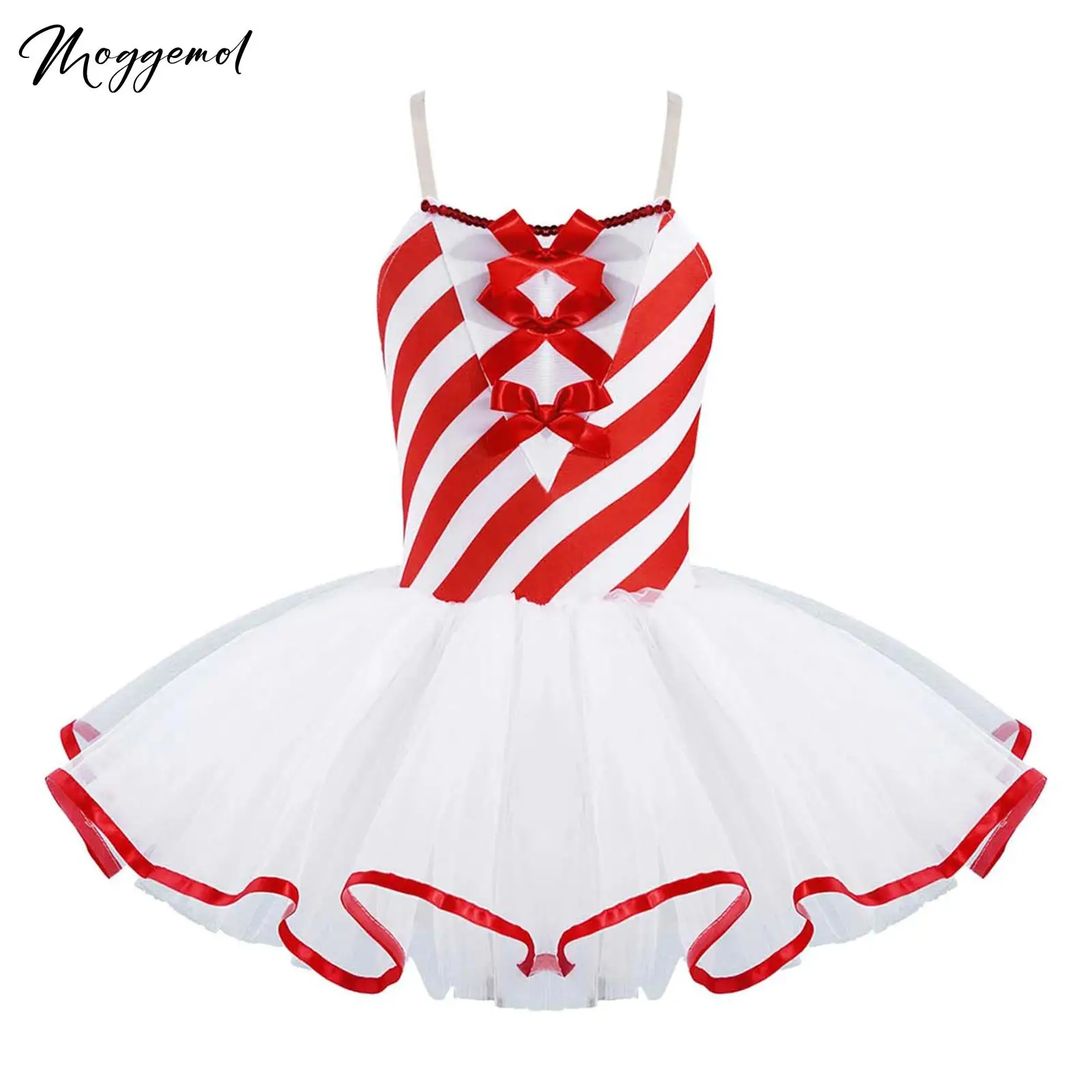 Kids Girls Candy Cane Costume Cosplay Xmas Outfit Christmas Mesh Tutu Ballet Leotards Figure Ice Skating Cami Dress for Holiday