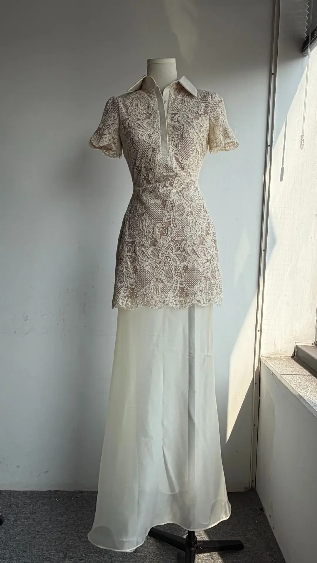 Vintage High Collar Short Sleeve Floral Lace Shirt Dress For Summer Seaside Resort Graduation Party Casual Daily Outing