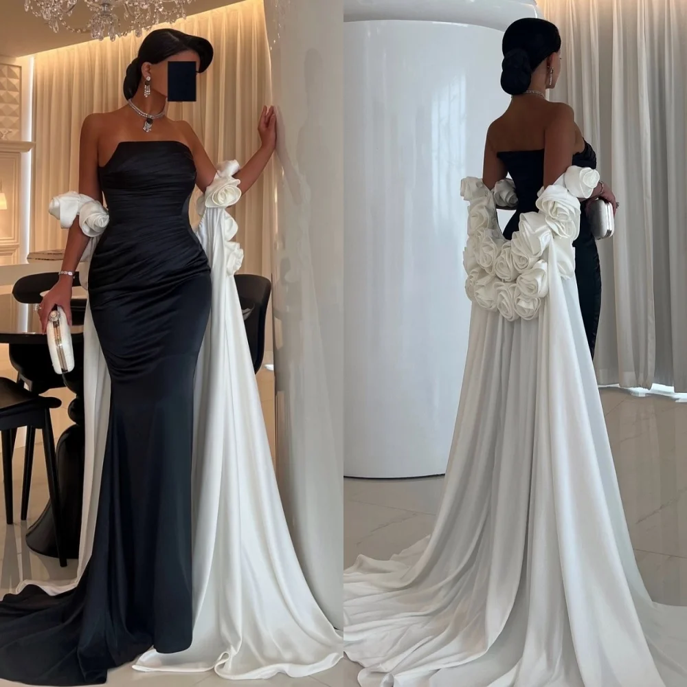 Customized Classic Jersey Pleat Flower Mermaid Strapless Long Dresses Bespoke Occasion Dresses Exquisite Modern Style Pastrol Un