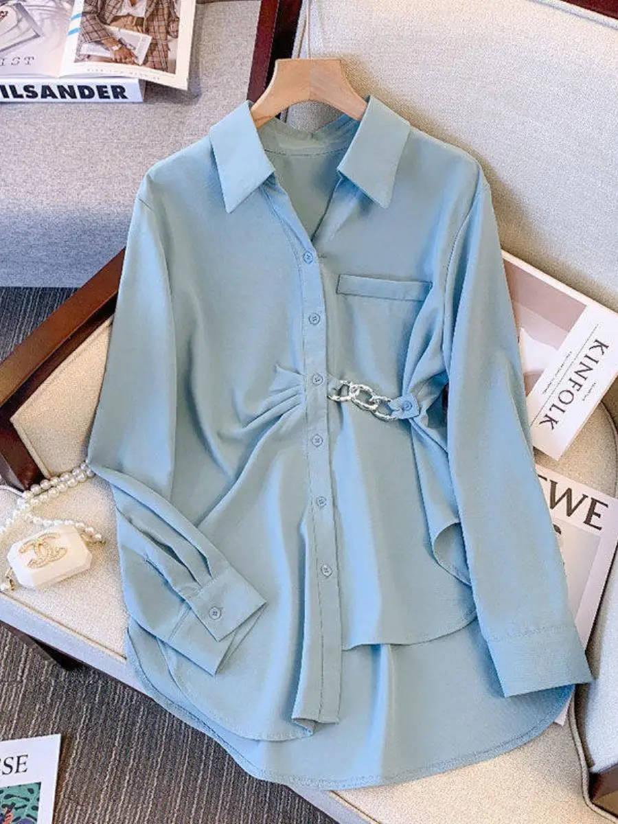 

plus Size Faionable Long Sve irt Slimming Waist Design Spring Autumn Feel Ladies Premium Quali Stand Fit Ne