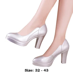 high quality leather shoe for women 5cm 8cm high heel platform point toe 32 33 42 43 elegant and fashion shoe black white silver