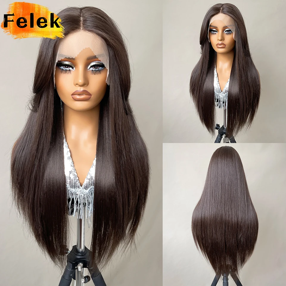 

13x6 Synthetic Lace Front Wig For Women Long Silky Straight Wigs For African Brown Layered Wig With Pre-plucked Hairline Quality