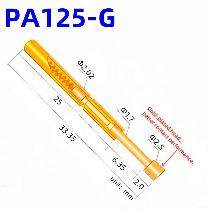 

20/100PCS PA125-G Spring Test Probe P125-G Test Pin Metal Brass Test Tool 33.35mm Dia 2.02mm Needle Gold Tip Dia 2.50mm Pogo Pin