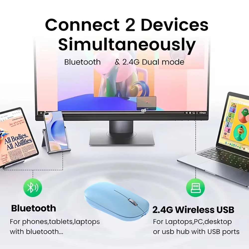 Mouse Bluetooth Mode Ganda 2.4G Mouse Nirkabel Mouse Isi Ulang Mouse Gaming Mouse Tombol Senyap Kantor untuk PC Laptop Tablet