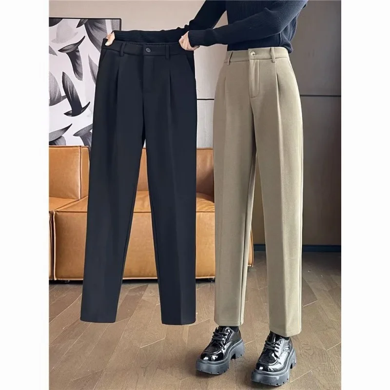 Pantaloni dritti da donna in lana addensato caldo pantaloni alla caviglia ufficio signora solido elastico in vita autunno vestito Capris per le donne