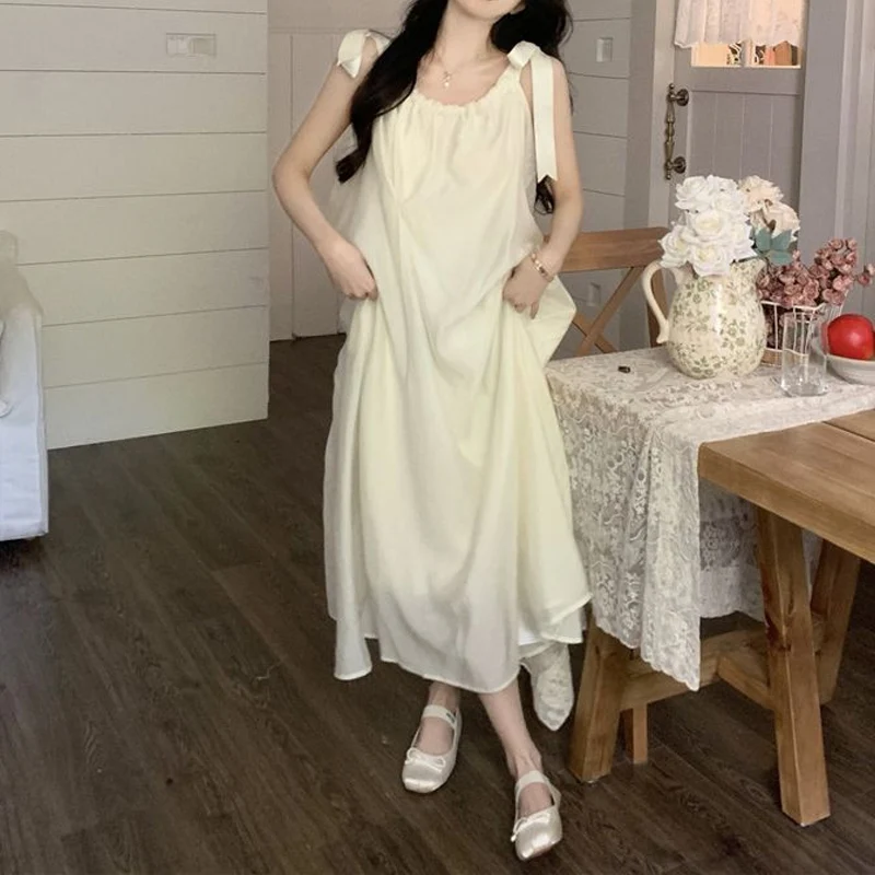 

Summer New Solid Color Fashion Sleeveless Slip Dress Women High Street Casual Loose Bow Patchwork Elegant Dress Pleated Robe
